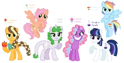 Size: 956x491 | Tagged: safe, artist:sakurablitz, derpibooru import, oc, oc:apple seed, oc:beaker spark, oc:caramel apple, oc:cotton candy, oc:opal quill, oc:rainbow breeze, unofficial characters only, dracony, earth pony, hybrid, pegasus, pony, unicorn, apple, base used, blue eyes, blue mane, brown mane, crossed hooves, earth pony oc, eyeshadow, food, freckles, green eyes, green mane, handkerchief, horn, image, interspecies offspring, lidded eyes, looking at you, makeup, mare oc, multicolored hair, next generation, offspring, orange coat, parent:applejack, parent:big macintosh, parent:caramel, parent:comet tail, parent:fluttershy, parent:pinkie pie, parent:pokey pierce, parent:rainbow dash, parent:rarity, parent:soarin', parent:spike, parent:twilight sparkle, parents:carajack, parents:cometlight, parents:fluttermac, parents:pokeypie, parents:soarindash, parents:sparity, pegasus oc, pink mane, plaid, png, purple coat, purple eyes, rainbow hair, simple background, smiling, smiling at you, striped mane, transparent background, two toned mane, unicorn oc, wings, yellow mane