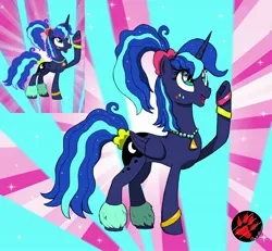 Size: 2600x2400 | Tagged: safe, artist:darkprinceismyname, derpibooru import, screencap, princess luna, alicorn, pony, between dark and dawn, g4, 80s princess luna, abstract background, artist logo, bracelet, female, hairclip, happy, image, jewelry, jpeg, light rays, makeup, mare, mesh, my little pony, necklace, open mouth, ponytail, reference, scene interpretation, screencap reference, tail, tail wrap