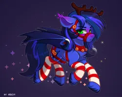 Size: 2048x1638 | Tagged: safe, artist:shelti, derpibooru import, oc, oc:guard cobalt flash, unofficial characters only, bat pony, deer, pony, reindeer, bat pony oc, bat wings, bell, bell collar, blushing, bridle, chest fluff, clothes, collar, commission, ear blush, ear fluff, image, jpeg, looking at you, male, socks, solo, stallion, striped leg warmers, tack, wings