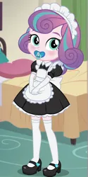 Size: 600x1200 | Tagged: safe, ai content, machine learning generated, prompter:anonymous, princess flurry heart, equestria girls, bedroom, child, clothes, equestria girls-ified, female, gloves, image, maid, maid headdress, pacifier, png, shoes, socks, solo, solo female, underage