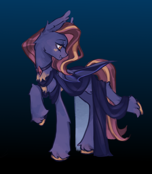 Size: 3500x4000 | Tagged: safe, artist:stepashy, derpibooru import, oc, oc:nightingale ode, unofficial characters only, bat pony, pony, g4, bat pony oc, bat wings, birthmark, black dress, blue body, chest fluff, choker, clothes, colored belly, colored hooves, dress, ear fluff, ear tufts, fangs, female, gradient background, heart, hooves, image, looking left, mare, png, red hair, solo, wings, yellow eyes