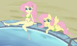 Size: 1625x981 | Tagged: suggestive, artist:calmbreezes, derpibooru import, fluttershy, human, pegasus, pony, equestria girls, g4, bikini, clothes, crotchboobs, female, image, mare, nudity, png, swimming pool, swimsuit