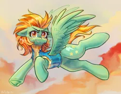 Size: 2688x2100 | Tagged: safe, artist:krista-21, derpibooru import, lightning dust, pegasus, pony, g4, clothes, cloud, female, flying, image, looking at you, mare, outdoors, png, sky, smiling, smiling at you, solo, spread wings, sunset, underhoof, uniform, wings, wonderbolts uniform