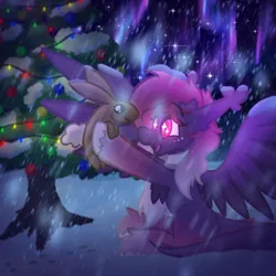 Size: 2048x2048 | Tagged: safe, artist:linkle, derpibooru import, oc, unofficial characters only, pegasus, rabbit, animal, aurora borealis, christmas, christmas tree, holiday, image, night, png, secret santa, snow, snowfall, space, tree