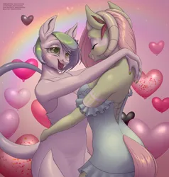 Size: 4000x4200 | Tagged: safe, artist:moonhoek, derpibooru import, oc, oc:mi-mi, oc:shirohana, unofficial characters only, anthro, earth pony, pony, balloon, blushing, clothes, couple, cute, digital art, dress, duo, feather, female, females only, flower, flower in hair, gift art, heart, heart balloon, holiday, horns, image, lesbian, love, nail polish, open mouth, open smile, png, rainbow, romantic, smiling, teeth, valentine's day