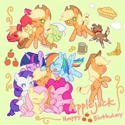 Size: 2244x2244 | Tagged: safe, artist:trifoliumrepensl, derpibooru import, apple bloom, applejack, big macintosh, fluttershy, granny smith, pinkie pie, rainbow dash, rarity, twilight sparkle, winona, dog, earth pony, pegasus, pony, unicorn, g4, :d, apple, apple siblings, apple sisters, bits, bow, brother and sister, cider, collar, element of honesty, eyes closed, female, filly, foal, food, green background, group hug, hair bow, happy birthday, hat, horn, hug, image, jpeg, male, mane six, mare, mug, open mouth, open smile, pie, siblings, simple background, sisters, sitting, smiling, stallion, text, yoke