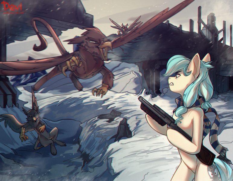 Size: 1600x1244 | Tagged: safe, derpibooru import, oc, unofficial characters only, earth pony, gryphon, pony, fallout equestria, bridge, clothes, female, fight, flying, gritted teeth, gun, image, mare, png, ruins, scarf, shotgun, snow, snowfall, teeth, weapon