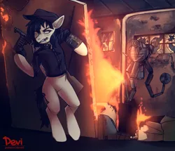 Size: 1291x1110 | Tagged: safe, artist:dodo, derpibooru import, oc, oc:spade, unofficial characters only, pegasus, pony, robot, fallout equestria, clothes, combat shotgun, cover, female, fire, flamethrower, grenade, gun, hat, image, jacket, leather jacket, mare, mister handy, mouth hold, mr handy, pipbuck, png, rifle, shotgun, weapon