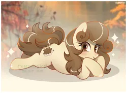 Size: 2240x1640 | Tagged: safe, artist:scarffist, derpibooru import, oc, unofficial characters only, earth pony, pony, autumn, base used, commission, cute, derpibooru exclusive, image, long hair, long mane, long tail, looking at you, lying down, png, prone, smiling, smiling at you, solo, sparkles, tail, ych result