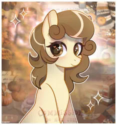 Size: 3600x3849 | Tagged: safe, artist:scarffist, derpibooru import, oc, unofficial characters only, earth pony, pony, autumn, base used, big eyes, commission, cute, derpibooru exclusive, eyeshadow, image, long hair, long mane, makeup, png, smiling, solo, sparkles, ych result