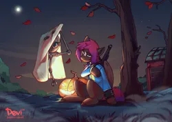 Size: 1500x1059 | Tagged: safe, artist:dodo, derpibooru import, oc, unofficial characters only, pegasus, pony, fallout equestria, clothes, costume, duo, ghost costume, gun, halloween, halloween costume, holiday, image, jack-o-lantern, jumpsuit, mister handy, night, pipbuck, png, pumpkin, sitting, unshorn fetlocks, vault suit, weapon