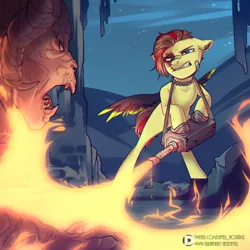 Size: 1200x1200 | Tagged: semi-grimdark, derpibooru import, oc, unofficial characters only, deathclaw, pegasus, pony, band-aid on nose, bandaid, bipedal, blood, duo, ear piercing, earring, fallout, female, fight, fire, flamethrower, gritted teeth, image, jewelry, mare, necklace, piercing, png, spread wings, teeth, weapon, wings