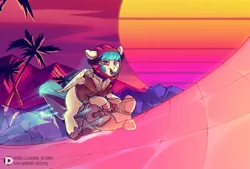 Size: 1500x1011 | Tagged: safe, derpibooru import, oc, unofficial characters only, pegasus, pony, clothes, female, helmet, horns, image, jacket, mare, motorcycle, palm tree, png, science fiction, solo, sun, tree, vaporwave