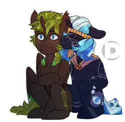 Size: 1510x1471 | Tagged: safe, artist:dodo, derpibooru import, oc, unofficial characters only, pony, unicorn, curved horn, duo, horn, image, kiss on the cheek, kissing, png, sitting, wings