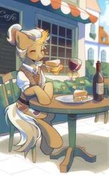 Size: 1700x2748 | Tagged: safe, artist:pledus, derpibooru import, oc, oc:pinot gris, pony, unicorn, alcohol, cafe, chair, cheese, clothes, croque monsieur, emanata, food, france, glass, heart, horn, image, male, outdoors, png, sandwich, shirt, solo, stallion, table, waistcoat, wine, wine glass