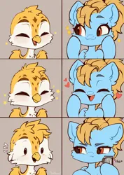 Size: 2480x3508 | Tagged: safe, artist:sofiko-ko, derpibooru import, oc, oc:beaky, oc:brave blossom, unofficial characters only, gryphon, pegasus, pony, fanfic:yellow feathers, chibi, comic, cute, derpibooru exclusive, duo, electric razor, female, floating heart, fur, griffon oc, heart, high res, image, male, mother and child, mother and son, png, stars