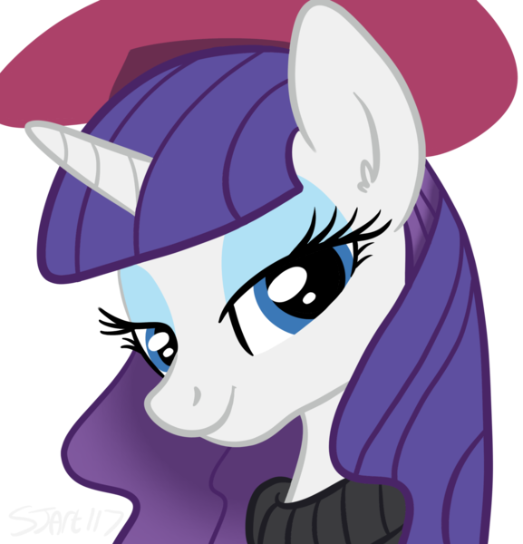 Size: 1768x1837 | Tagged: safe, artist:sjart117, derpibooru import, rarity, pony, unicorn, g4, beatnik rarity, beret, bust, clothes, ear fluff, hat, horn, image, looking at you, png, portrait, simple background, smiling, solo, sweater, transparent background, turtleneck