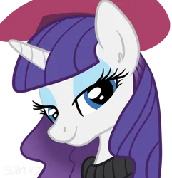 Size: 1768x1837 | Tagged: safe, artist:sjart117, derpibooru import, rarity, pony, unicorn, g4, beatnik rarity, beret, bust, clothes, ear fluff, hat, horn, image, looking at you, png, portrait, simple background, smiling, solo, sweater, transparent background, turtleneck