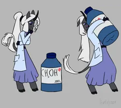 Size: 3076x2756 | Tagged: safe, artist:pontiy, derpibooru import, oc, oc:doctor ilarsy, unofficial characters only, anthro, unguligrade anthro, unicorn, clothes, cloven hooves, female, gray background, horn, image, lab coat, png, scientist, simple background, solo