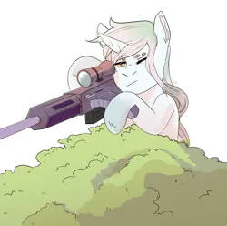 Size: 3000x2971 | Tagged: safe, derpibooru import, oc, unofficial characters only, pony, unicorn, aiming, bush, female, gun, horn, image, mare, png, rifle, simple background, sniper rifle, unshorn fetlocks, weapon, white background