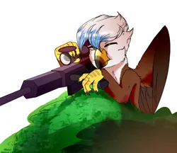 Size: 3000x2592 | Tagged: safe, artist:dodo, derpibooru import, oc, unofficial characters only, gryphon, aiming, bush, gun, image, partially open wings, png, rifle, simple background, sniper rifle, weapon, white background, wings