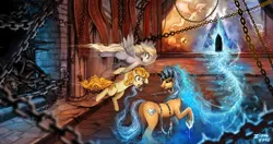 Size: 1200x635 | Tagged: safe, artist:ziom05, derpibooru import, carrot top, derpy hooves, golden harvest, oc, oc:windigo queen, earth pony, giant spider, pegasus, pony, spider, derpy's and carrot top's journey, g4, image, jpeg, technical advanced, technically advanced