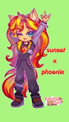 Size: 1152x2048 | Tagged: safe, artist:zackchibi, derpibooru import, sunset shimmer, human, g4, arm behind back, clothes, cosplay, costume, devil horn (gesture), ear piercing, eared humanization, earring, female, green background, horn, horned humanization, humanized, image, jacket, jewelry, looking at you, one eye closed, piercing, png, pony coloring, simple background, smiling, smiling at you, solo, tongue out, valorant, wink, winking at you