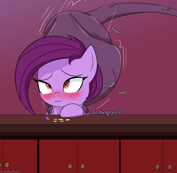 Size: 4307x4223 | Tagged: suggestive, artist:bestponies, derpibooru import, oc, oc:purple vine, earth pony, monster pony, pony, abdominal bulge, bar, bits, blushing, both cutie marks, bulges, dialogue, female, female pred, fetish, gem, high res, image, jpeg, lip bite, mare, mare pred, muffled words, offscreen character, red eyes, same size vore, stallion prey, tail, tail vore, unwilling prey, vore