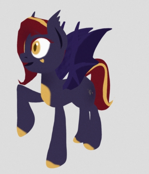 Size: 1240x1441 | Tagged: safe, artist:polyspheponeponre, derpibooru import, oc, oc:nightingale ode, unofficial characters only, bat pony, pony, g4, 3d, bat pony oc, bat wings, birthmark, blue body, colored belly, colored hooves, ear fluff, ear tufts, fangs, female, gray background, heart, hooves, image, jpeg, mare, open mouth, red hair, simple background, smiling, solo, wings, yellow eyes