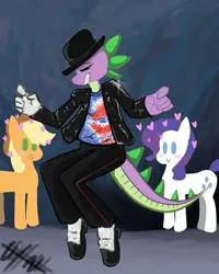 Size: 480x600 | Tagged: safe, artist:hollaholla69, derpibooru import, applejack, rarity, spike, dragon, pony, g4, clothes, denim, female, gloves, image, jacket, jeans, male, mare, michael jackson, pants, png, sparkles, spikeal jackson