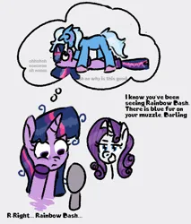 Size: 1225x1437 | Tagged: safe, artist:zoeyhorse, derpibooru import, rarity, trixie, twilight sparkle, pony, unicorn, g4, blushing, bust, duo, duo female, eyes closed, female, horn, image, implied lesbian, implied rainbow dash, implied shipping, implied twidash, kiss on the lips, kissing, lesbian, mare, messy mane, mirror, png, shipping, thought bubble, twixie