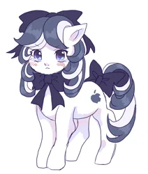 Size: 600x709 | Tagged: safe, artist:tsukuda, derpibooru import, oc, oc:apple-chan, unofficial characters only, earth pony, pony, :<, apple (company), blue eyes, blue mane, blue tail, blush lines, blushing, bow, closed mouth, cute, earth pony oc, eyebrows, eyebrows visible through hair, female, full body, hair bow, image, looking at you, mare, png, simple background, solo, standing, tail, tail bow, two toned mane, two toned tail, white background, white coat