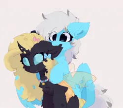 Size: 1448x1282 | Tagged: safe, artist:little-sketches, ponerpics import, oc, oc:decora fluff, oc:sea fluff, unofficial characters only, changeling, pegasus, pony, beads, biting, black coat, blonde mane, blue coat, bow, changeling oc, cheek fluff, chest fluff, duo, duo female, ear bite, ear fluff, eye clipping through hair, eyebrows visible through hair, female, floppy ears, gray background, gray mane, hair bow, image, jewelry, jpeg, leg fluff, looking back, mare, necklace, oc x oc, partially open wings, pegasus oc, pegasus wings, shipping, simple background, sitting, smiling, solo, spread wings, stars, wings