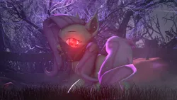 Size: 3840x2160 | Tagged: safe, artist:shark_vil, derpibooru import, fluttershy, bat pony, g4, 3d, apple, bat ponified, bat wings, dead tree, fangs, fence, flutterbat, food, forest, glow, glowing eyes, grass, image, looking back, nature, open mouth, png, pumpkin, race swap, red eyes, solo, source filmmaker, spread wings, tongue out, tree, wings