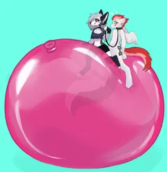 Size: 1960x2018 | Tagged: safe, artist:rubyinflation, derpibooru import, oc, oc:swift apex, anthro, hellhound, pegasus, unguligrade anthro, balloon, balloon fetish, balloon riding, collar, dominant, female, femdom, fetish, furry, hellaverse, helluva boss, image, inflatable, inflatable fetish, jpeg, leash, loona (helluva boss), pegasus oc, simple background, teal background, wings