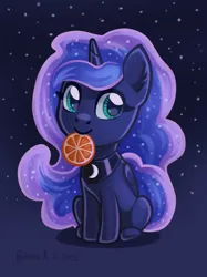 Size: 1123x1500 | Tagged: safe, artist:dany-the-hell-fox, derpibooru import, part of a set, princess luna, alicorn, pony, g4, food, grapefruit, image, jpeg, mouth hold, sitting, smiling, solo