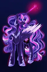 Size: 2912x4500 | Tagged: safe, artist:ashley-the-muffin, derpibooru import, twilight sparkle, twilight sparkle (alicorn), alicorn, pony, g4, absurd resolution, armor, blue background, blue eyes, colored pupils, commission, concave belly, digital art, ethereal mane, evil, eyelashes, female, flowing mane, flowing tail, folded wings, gameloft, gameloft interpretation, glow, glowing horn, helmet, hoof shoes, horn, image, jewelry, lidded eyes, long horn, looking at you, magic, mare, nightmare twilight, nightmarified, peytral, png, princess shoes, regalia, signature, simple background, smiling, smiling at you, smirk, solo, sparkles, starry mane, starry tail, tail, thin, wings