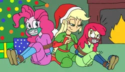 Size: 1648x949 | Tagged: safe, artist:bugssonicx, derpibooru import, edit, apple bloom, applejack, pinkie pie, human, equestria girls, g4, angry, apple sisters, arm behind back, bondage, bound and gagged, christmas, christmas eve, christmas lights, christmas presents, christmas tree, cloth gag, clothes, cousings, emanata, female, fireplace, gag, gift wrapped, happy, happy bondage, happy holidays, hat, hearth's warming eve, holiday, image, kunoichi, ninja, over the nose gag, png, present, ribbon, rope, rope bondage, santa hat, siblings, sisters, tied up, tree