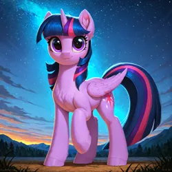 Size: 4096x4096 | Tagged: safe, generator:zoinksnoob, machine learning generated, prompter:star streaker, twilight sparkle, twilight sparkle (alicorn), alicorn, pony, g4, comfyui, female, fluffy, full body, generation errors, ghost signature, horn, image, mare, night sky background, png, signature, solo, wings