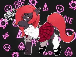 Size: 2048x1536 | Tagged: safe, artist:twistedgut22, derpibooru import, oc, oc:jessi-ka, earth pony, pony, aroused, clothes, doodle, image, looking at you, mocking, necktie, png, red mane, school uniform, schoolgirl, shirt, shoes, skirt, socks, solo, uniform