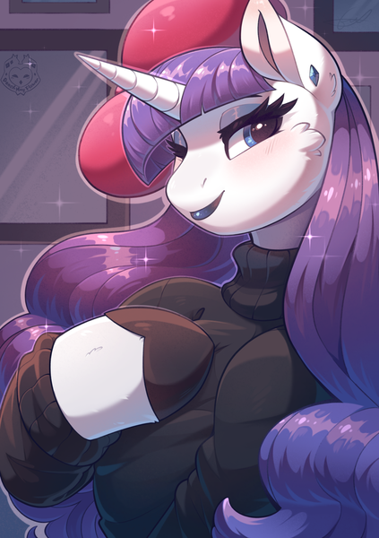 Size: 1748x2480 | Tagged: safe, artist:peachmayflower, derpibooru import, rarity, pony, unicorn, g4, beatnik rarity, beret, black hooves, cheek fluff, clothes, ear piercing, earring, eyeshadow, hat, horn, image, jewelry, lipstick, looking at you, makeup, one eye closed, piercing, png, smiling, sweater, turtleneck, wink, winking at you