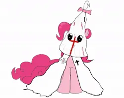 Size: 1041x829 | Tagged: semi-grimdark, artist:pelmen, ponerpics import, pinkie pie, g4, bow, cross, doll eyes, image, jpeg, ku klux klan, looking at you, mask, simple background, white background