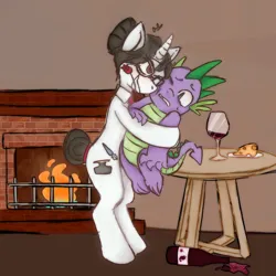 Size: 3000x3000 | Tagged: suggestive, artist:hollaholla69, derpibooru import, raven, spike, dragon, pony, g4, alcohol, cheese, do not want, duo, duo male and female, female, fireplace, food, heart, image, imminent sex, male, png, ship:ravenspike, shipping, straight, table, this will not end well, wine