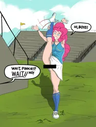 Size: 2880x3840 | Tagged: suggestive, alternate version, artist:ponny, derpibooru import, pinkie pie, human, g4, censored, cheerleader, cheerleader outfit, clothes, humanized, image, png, shirt, shoes, skirt, smiling, socks, solo, speech bubble, splits, standing, standing splits, stretching, text, waving