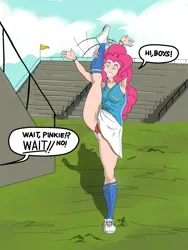 Size: 2880x3840 | Tagged: suggestive, alternate version, artist:ponny, derpibooru import, pinkie pie, oc, human, g4, clothes, colored, humanized, image, panties, png, shirt, shoes, skirt, smiling, socks, speech bubble, splits, standing, standing splits, stretching, text, underwear, waving