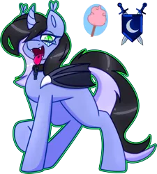 Size: 4071x4523 | Tagged: safe, artist:askhypnoswirl, derpibooru import, oc, oc:decora, oc:guard cobalt flash, unofficial characters only, bat pony, changeling, bat pony oc, bat wings, changeling oc, collar, commission, ear fluff, fangs, fusion, image, piercing, png, tongue out, tongue piercing, wings