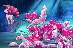 Size: 3000x2000 | Tagged: suggestive, artist:jedayskayvoker, derpibooru import, pinkie pie, earth pony, pony, g4, cave, clothes, detailed background, evil grin, giggling, grin, image, jumping, lake, latex, latex mask, latex suit, living clothes, living suit, png, puffy mane, rubber, shiny, smiling, suit, water