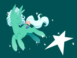 Size: 3561x2716 | Tagged: safe, artist:chiptoony, artist:fishbowltwo, derpibooru import, star hopper, pony, unicorn, g1, bow, closed mouth, eyebrows, eyes closed, female, flowing mane, flowing tail, full body, green coat, hopping, horn, image, mare, png, short mane, signature, smiling, solo, sparkles, sparkly coat, starry background, stars, tail, tail bow, three quarter view, turned head, wavy mane