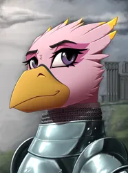 Size: 2000x2692 | Tagged: safe, artist:twotail813, derpibooru import, oc, unofficial characters only, gryphon, armor, beak, bust, castle, chainmail, image, plate armor, png, portrait, solo