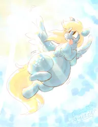 Size: 1583x2048 | Tagged: safe, artist:squeeezle, derpibooru import, derpy hooves, pegasus, pony, g4, aderpose, belly, big belly, fat, female, flying, image, jpeg, mare, sky, sun, tongue out